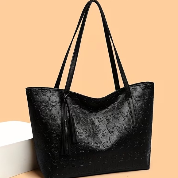 Handbags - Women’s Black Skull Embossed Faux Leather Tote Bag with Tassel NWT